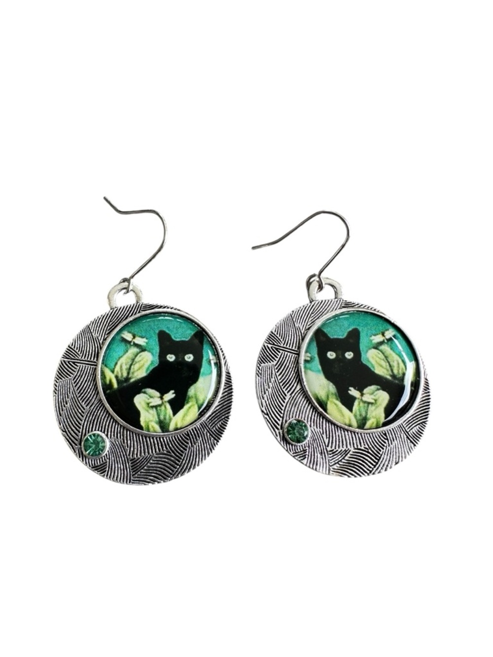 Round Black Cat and Silver Drop Earrings